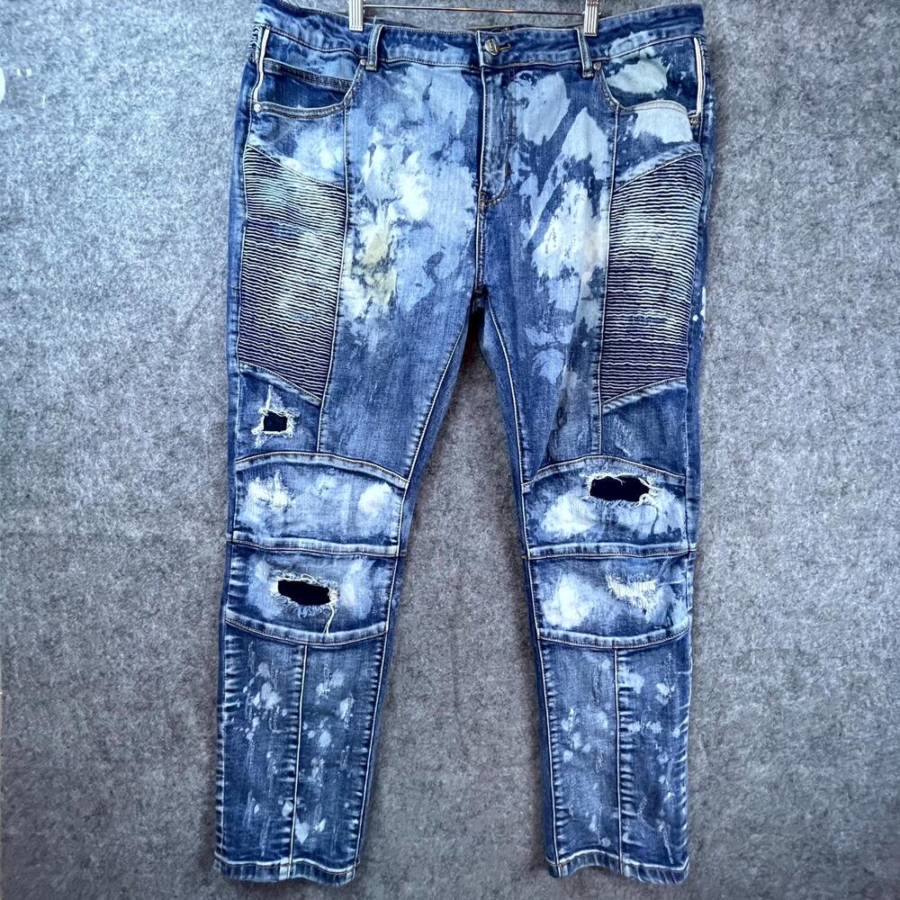 Damati Upscale Jeans Men 42 Splatter Distressed Patchwork Biker Moto Streetwear‎